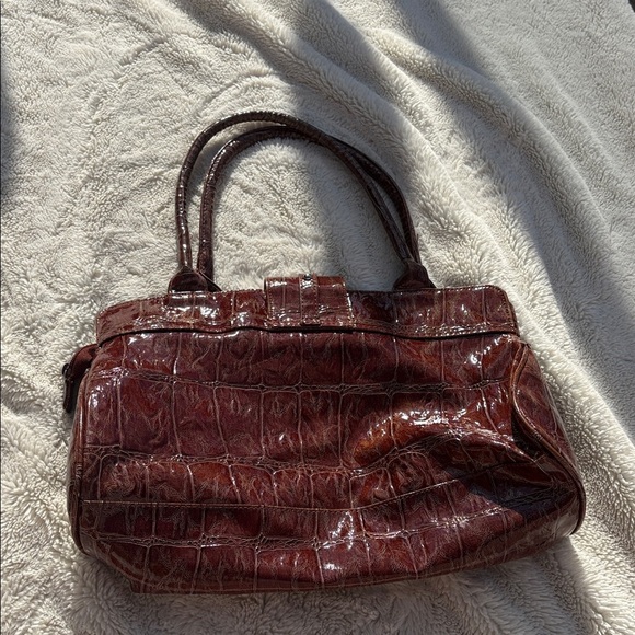Brown Faux Croc Embossed Satchel Handbag Tote | Structured Shoulder Bag Purse - Picture 4 of 6